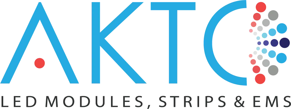 Logossa lukee "AKTC" sinisellä, ja sen alla on teksti "LED MODULES, STRIPS & EMS" harmaalla. "C"-kirjaimen vieressä on värikkäitä palloja.