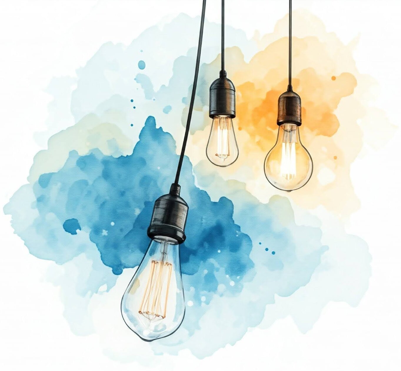 Kolme roikkuvaa hehkulamppua sinisen ja oranssin vesiväriläiskän edessä, valaistus on lämmin ja tunnelmallinen.