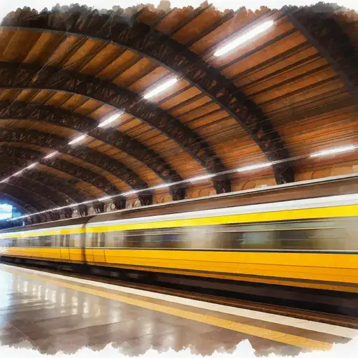 Maalauksellinen kuva keltaisesta junasta, joka kulkee tunnelin läpi, jossa on ruskea katto ja kirkkaat valot.