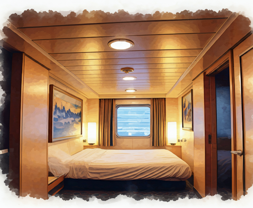 Makuuhuone laivassa, jossa on parivuode, ikkuna ja taulu seinällä, valaistus on lämmin ja tunnelmallinen.