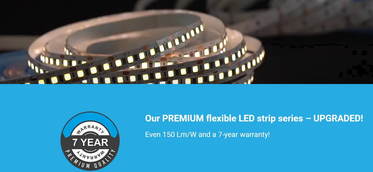 LED-nauha, jossa on 7 vuoden takuu, sinisellä taustalla.