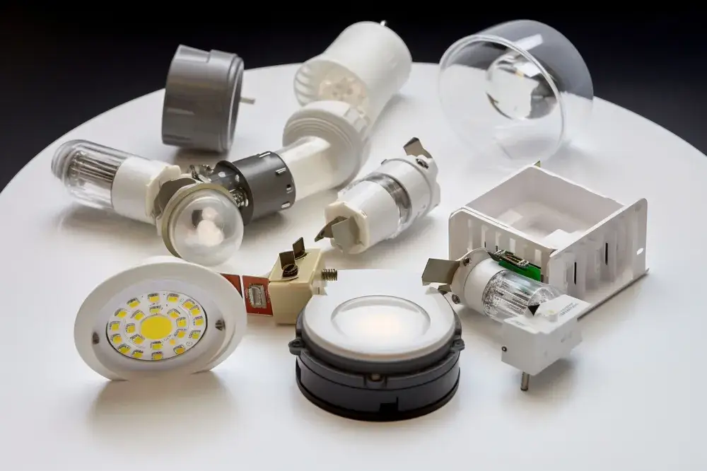 Erilaisia LED-valaisimia valkoisella pinnalla, sisältäen pyöreitä, neliömäisiä ja putkimaisia malleja, joissa on valkoisia ja harmaita osia, sekä kirkas kupumainen valaisin.