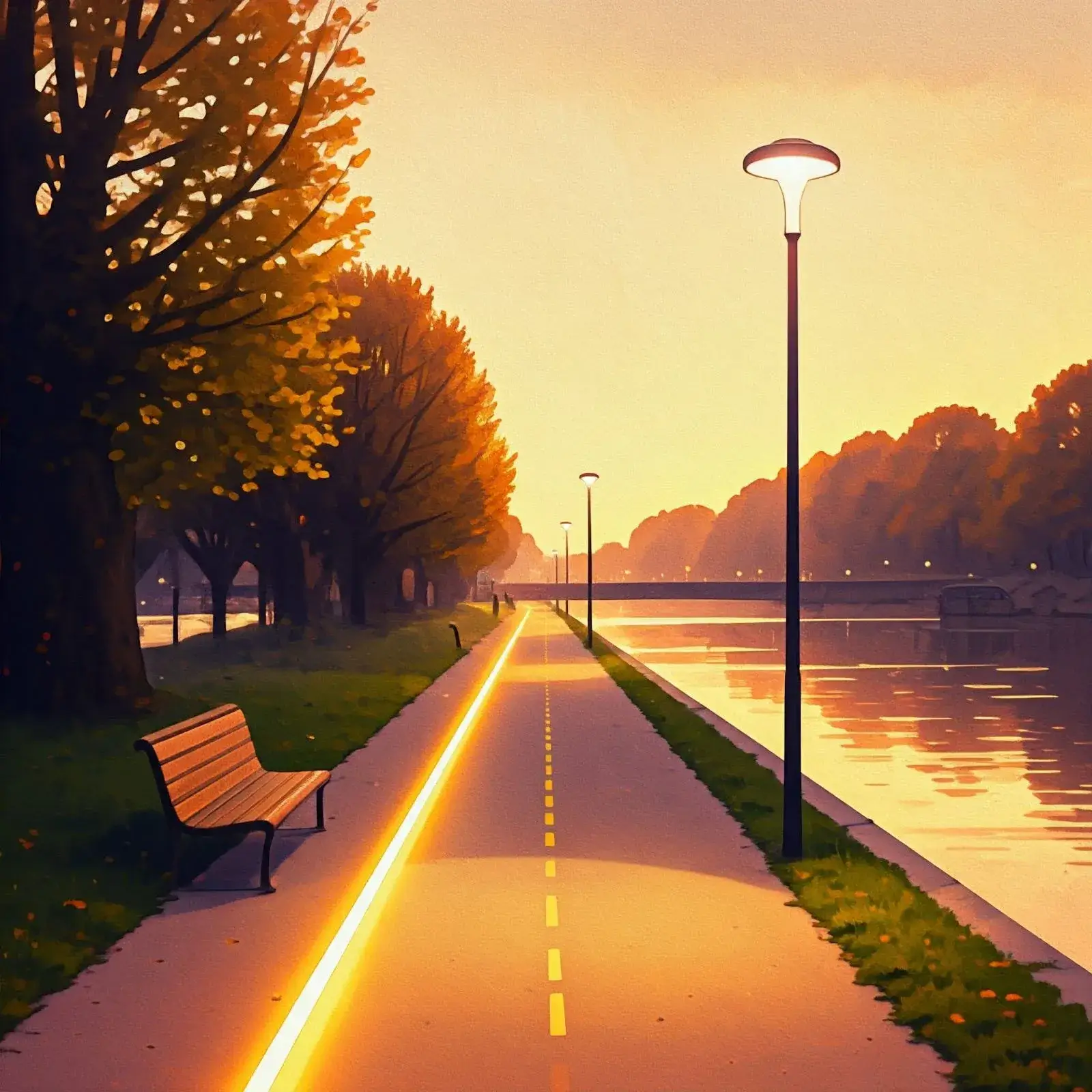 Maalaus, jossa on polku joen rannalla, puita, penkki ja katuvaloja lämpimässä auringonlaskun valossa.