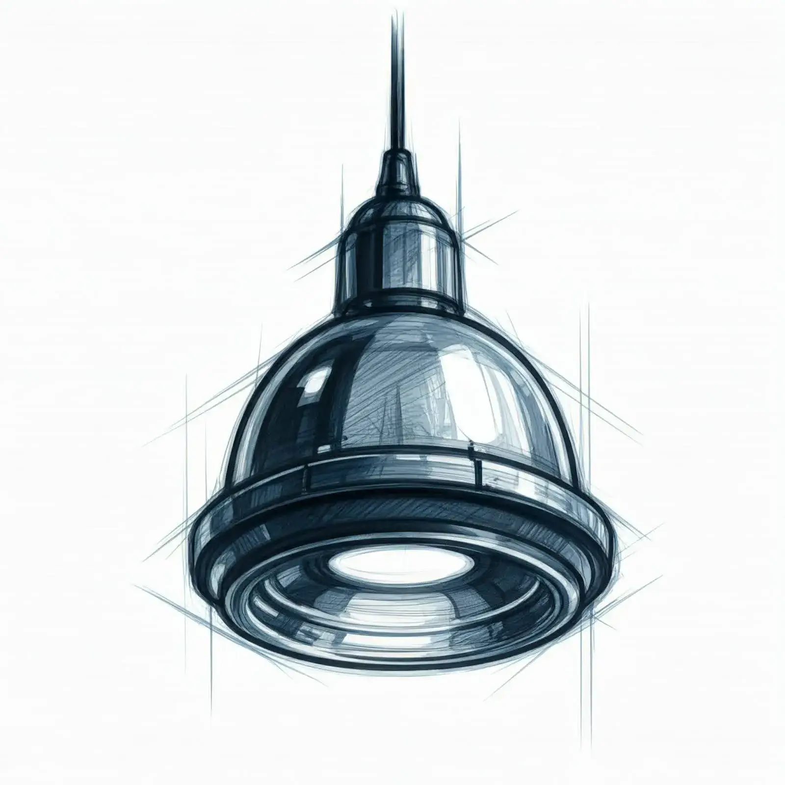 Piirros riippuvalaisimesta, jossa on metallinen kupoli ja valkoinen valoaukko, sinisillä varjostuksilla valkoisella taustalla.
