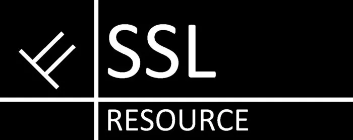 Mustalla taustalla valkoinen logo, jossa on abstrakti symboli ja teksti SSL RESOURCE.