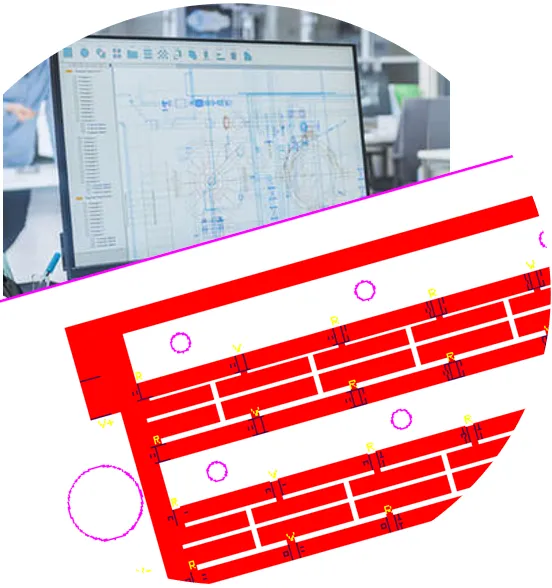 Kuva sisältää tietokoneen näytön, jossa näkyy tekninen piirustus, sekä punaisen ja valkoisen kaavion, jossa on ympyröitä ja tekstiä.