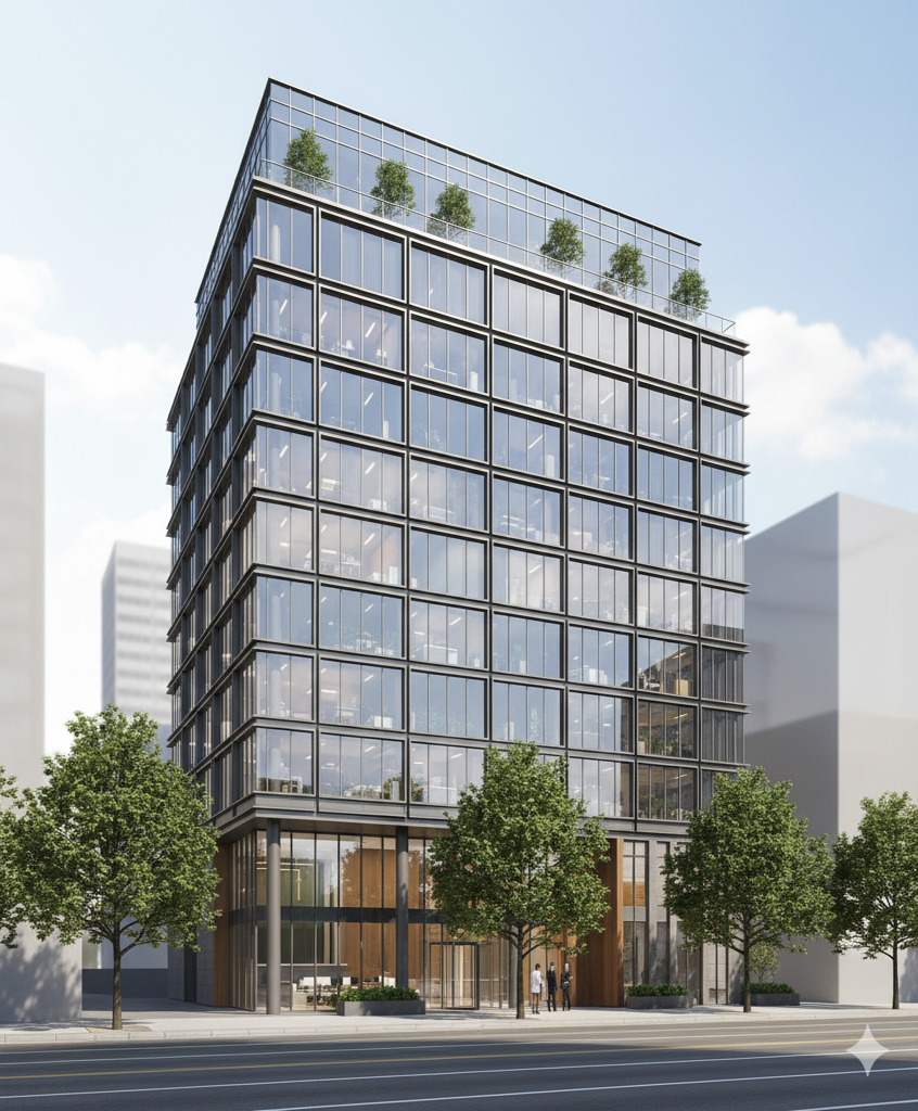 Moderni, korkea toimistorakennus, jossa on lasiseinät ja puita katolla, valoisassa päivänvalossa.
