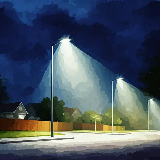 Öljyvärimaalaus esittää yöllistä katunäkymää, jossa on kolme valaisinpylvästä, jotka valaisevat katua ja ympäröiviä taloja ja puita. Taivas on tummansininen ja pilvinen.