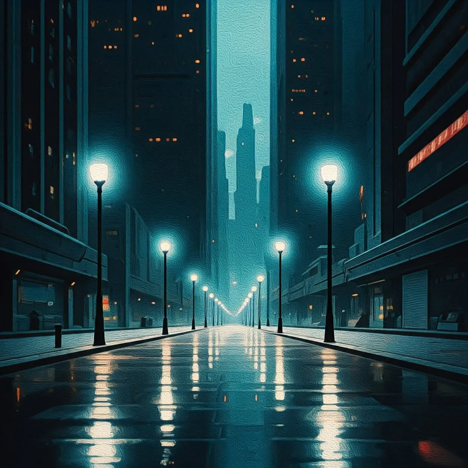Öinen kaupunkikuva, jossa katuvalot heijastuvat märästä kadusta pilvenpiirtäjien välissä.
